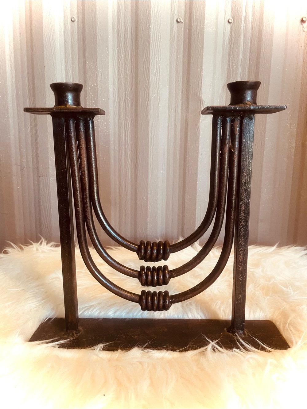 RARE VTG MCM Brutalist Heavy Iron Candlestick Taper candle Holder 2-Arm Patina